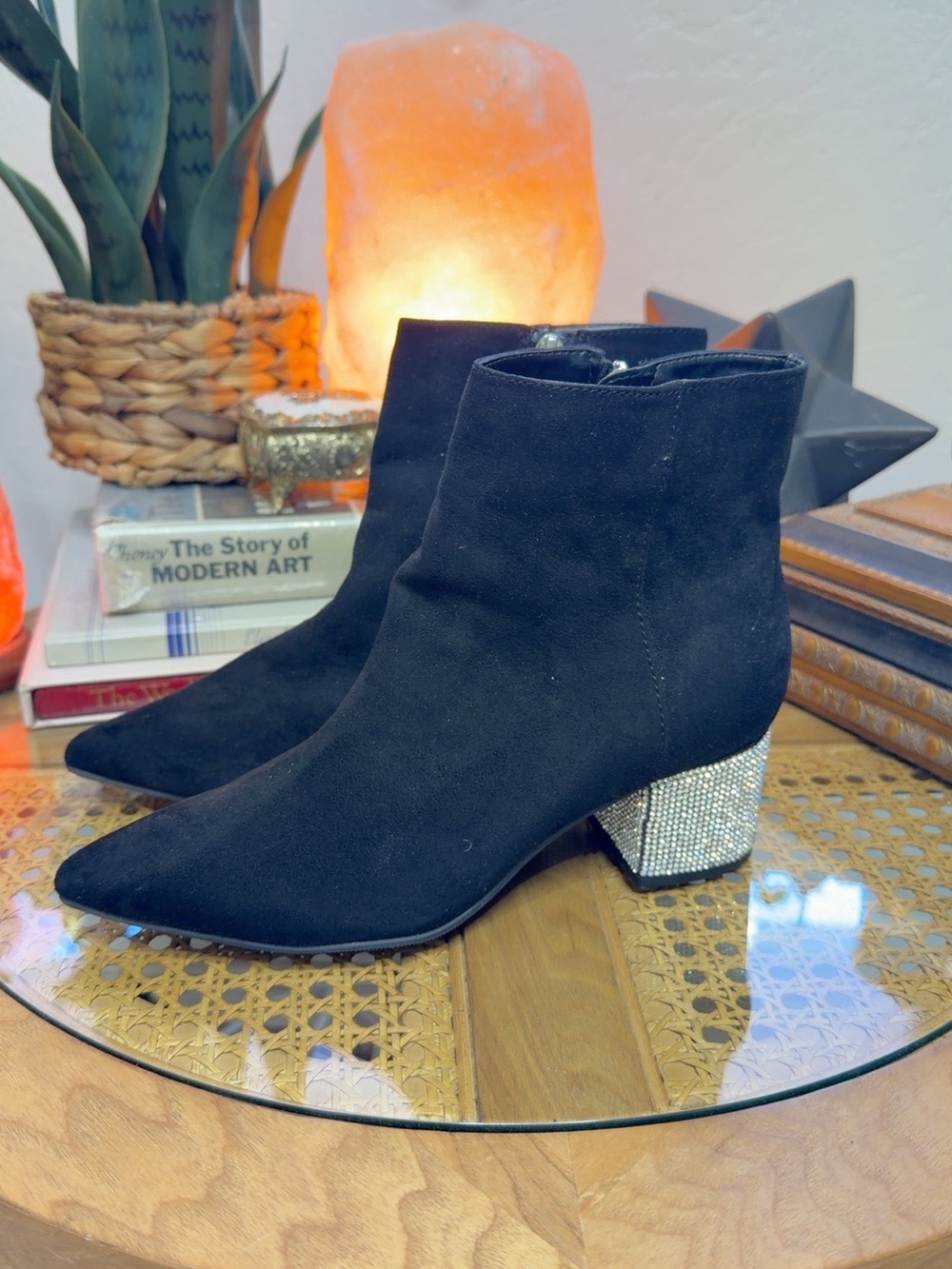 Kaari Blue Tabitha Black Rhinestone Heel Pointed Ankle Boots Size 6.5M